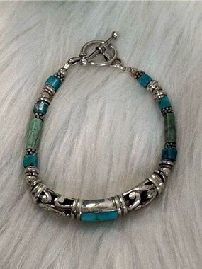 (160)Vintage 925 Sterling Silver Turquoise InlayToggle Bracelet
